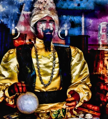 Ilustração de um cigano com turbante e cavanhaque sentado em frente a uma mesa com toalha vermelha e cartas e uma bola de cristal em cima. A foto ilustra do artigo do site Ori Mystyco.