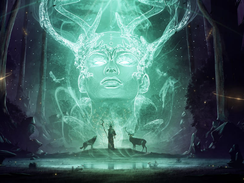 Foto de um Xamã indígena em uma floresta. Em cada um dos seus lados, encontra-se um lobo. Acima da sua cabeça, há um fluxo energético que forma uma face humana. A foto ilustra o artigo "O que é Xamanismo?" do site Ori Mystyco.