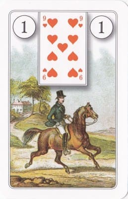 Imagem da Carta 1 do Baralho Cigano: O Cavaleiro. A foto ilustra o artigo Significado das Cartas do Baralho Cigano ou Petit Lenormand do site Ori Mystyco.