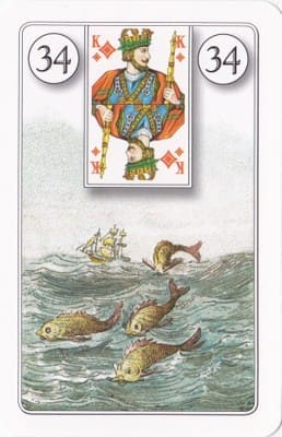 Imagem da Carta 34 do Baralho Cigano: Os Peixes. A foto ilustra o artigo Significado das Cartas do Baralho Cigano ou Petit Lenormand do site Ori Mystyco.