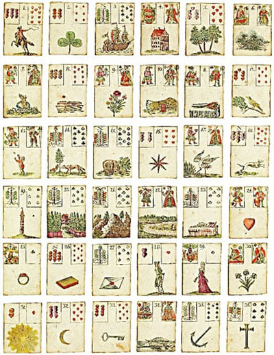 Imagem com as cartas antigas do Petit Lenormand. A foto ilustra o artigo "Baralho Cigano ou Petit Lenormand e sua origem" do site Ori Mystyco.