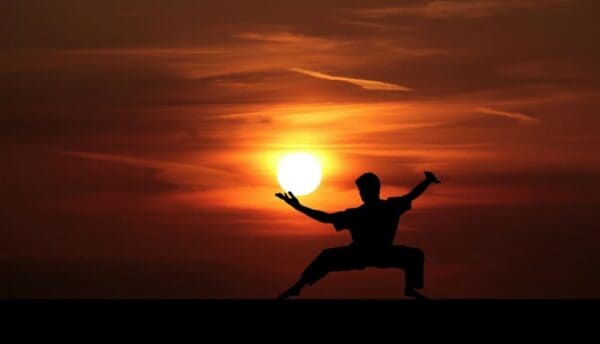 Silueta de uma pessoa praticando Qigong em ambiente externo com um final de dia e pôr do sol bem alaranjado. A foto ilustra o artigo Qi Gong: O que é? Origem e suas aplicações do site Ori Mystyco.