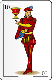 Foto da Carta Dez de Copas no Baralho Espanhol usada para ilustrar a página que contém a tiragem de 3 cartas (Passado, Presente e Futuro) do Baralho Espanhol grátis online do site Ori Mystyco.