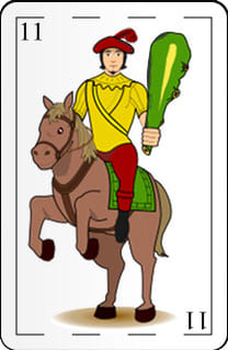 Foto da Carta Onze de Paus no Baralho Espanhol usada para ilustrar a página que contém a tiragem de 3 cartas (Passado, Presente e Futuro) do Baralho Espanhol grátis online do site Ori Mystyco.