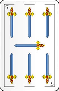Foto da Carta Seis de Espadas no Baralho Espanhol usada para ilustrar a página que contém a tiragem de 3 cartas (Passado, Presente e Futuro) do Baralho Espanhol grátis online do site Ori Mystyco.