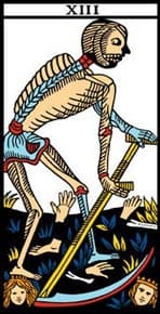 Imagem da carta A Morte do tarot de Marselha. A imagem é usada para a Tirada de tarot Financeiro Grátis Online, ou Tarot do Dinheiro Grátis Online do site Ori Mystyco.
