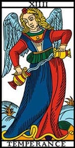 Imagem da carta A Temperança do tarot de Marselha. A imagem é usada para a Tirada de tarot Financeiro Grátis Online, ou Tarot do Dinheiro Grátis Online do site Ori Mystyco.