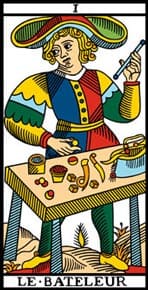 Imagem da carta O Mago do tarot de Marselha. A imagem é usada para a Tirada de tarot Financeiro Grátis Online, ou Tarot do Dinheiro Grátis Online do site Ori Mystyco.